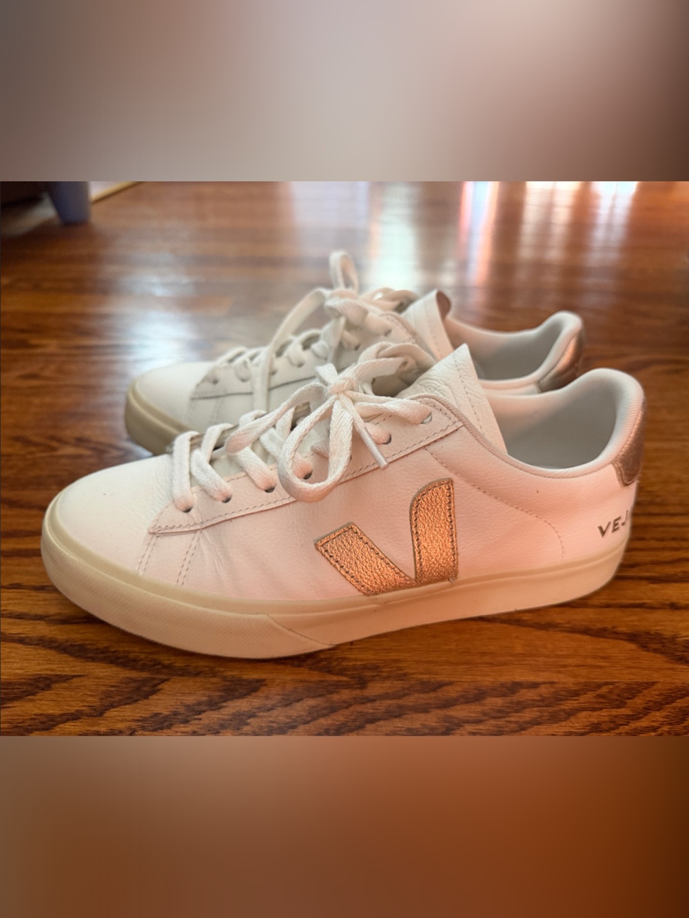 Veja White Leather Sneakers with Rose Gold V Accent
